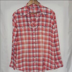 Rock 47 Wrangler Western Thunderbird Plaid Pearl Snap Shirt Large